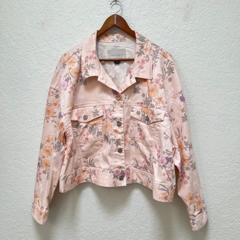 Sanctuary Denim Floral Retro Jacket Pink Cropped Plus Size 2X NWT Shabby Chic